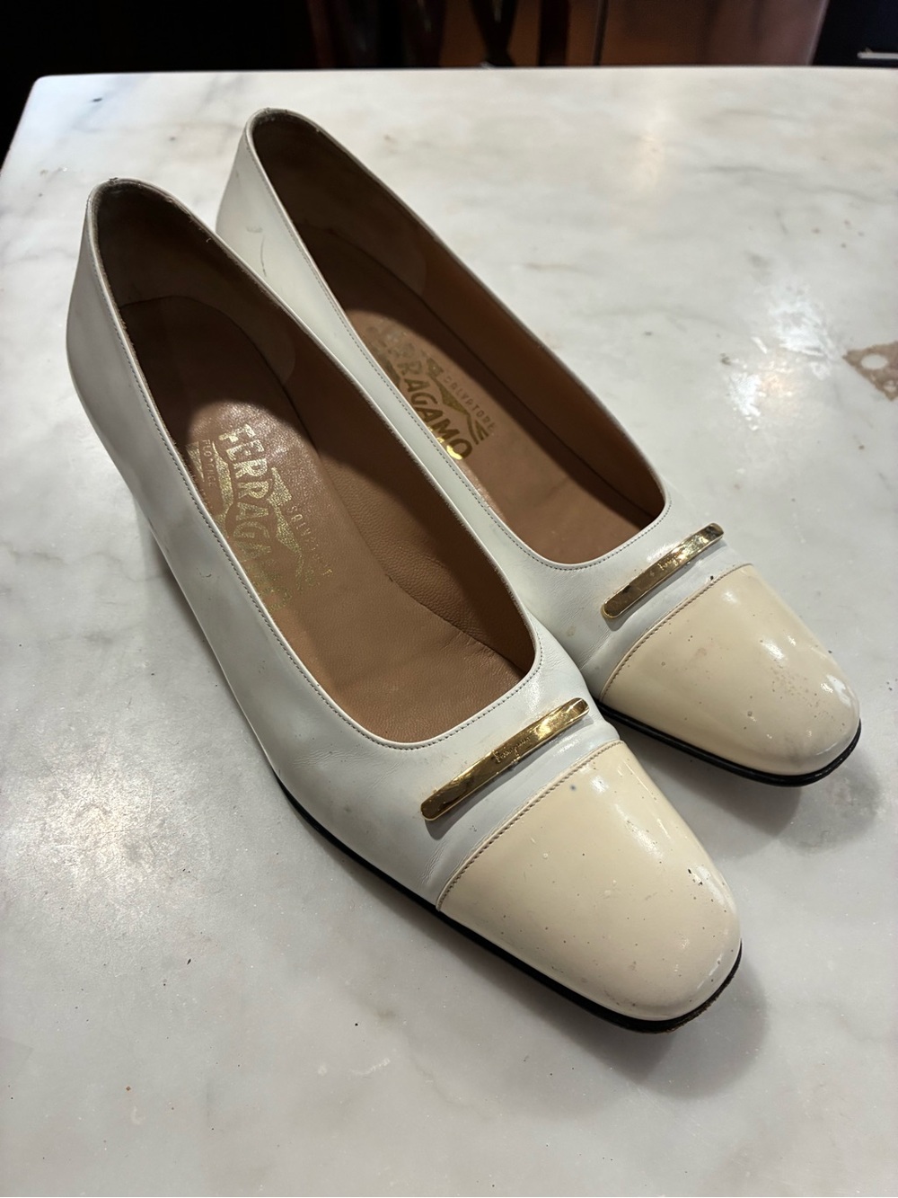Salvatore Ferragamo White Leather Low Heel Pumps
